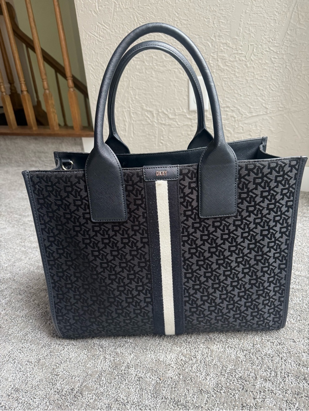DKNY Black Monogram Tote with Cream Center Stripe
